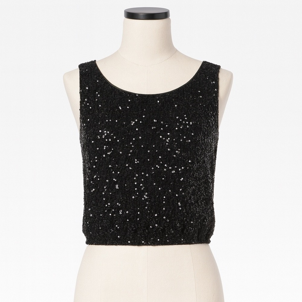 Flat White Sequin Cropped‎ Tank Womens L Black Stretch Polyester Party Sparkle